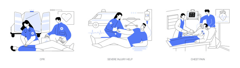 First aid in emergency situations abstract concept vector illustrations.