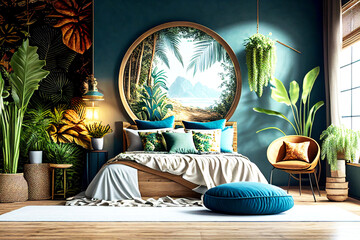 Tropical bedroom with plants and painting green wall real estate