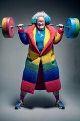 Elderly smiling woman weightlifter lifting a very heavy barbell - AI generative - obrazy, fototapety, plakaty