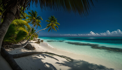 Fototapeta na wymiar Beach with palm trees and blue ocean, Generative AI