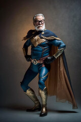 Fototapeta premium Elderly but agile man, dressed in a super hero costume, ready to do heroic action - AI generative