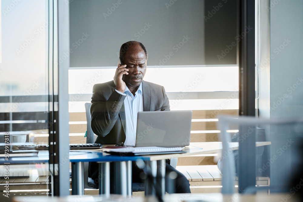 Aufkleber Mature director of company looking through online resume of applicant while sitting in front of laptop and arranging appointment with him