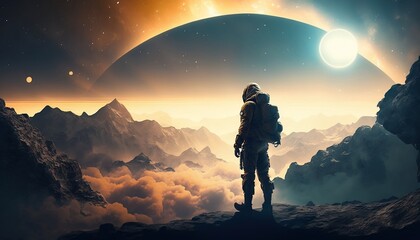 Astronaut caught in the sunset of 2 planets