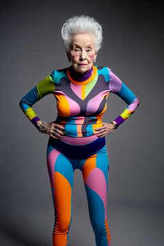 Elderly but agile woman, dressed in a very colorful, tight fitting athletic suit, ready to do gymnastic exercises - AI generative