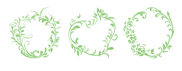 Floral frame collection with retro, vintage herbal elements. Spring set of circular leafs, invitation label.