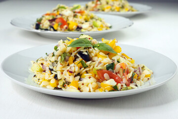 Plate with a Mediterranean salad with orzo pasta