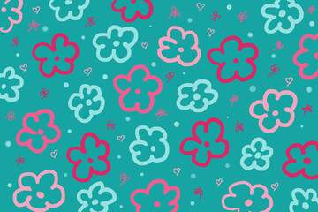 Background for design or print of five-petal flowers in different colors on a blue-green background