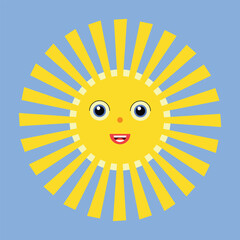 Funny sun icon illustration isolated on blue sky  background. Flat style. Vector happy cartoon illustration