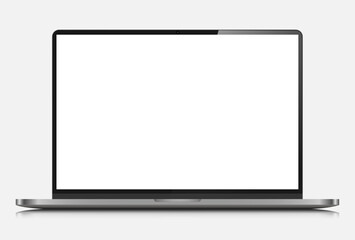 Realistic laptop layout with white screen and reflection. A modern laptop with a blank screen isolated on a white background. Vector illustration.