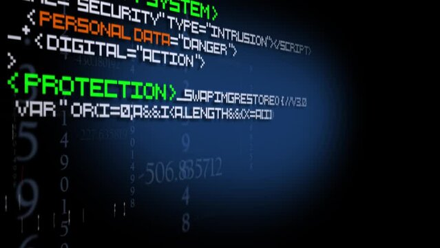 Cyber security system safety coding protection blue screen interface personal data computer animation