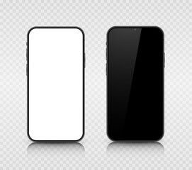 Two smartphone layouts with a black and white screen on a transparent background. Realistic 3D mobile phones with shadows and highlights. Vector illustration.