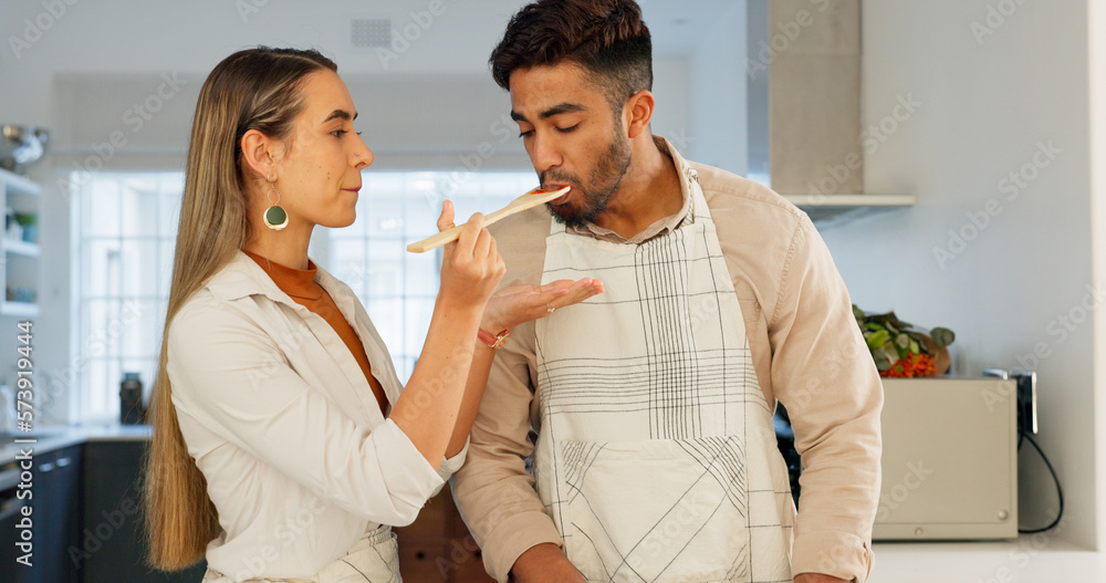 Poster Couple, cooking and together in kitchen and learning for relationship growth and bonding, skill development and support. Young man, woman and cook Italian food, help and advice, spending quality time