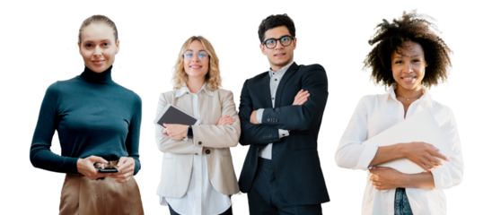 Business people colleagues partners office employees successful entrepreneurs and tablets Formal clothing Isolated background, png.