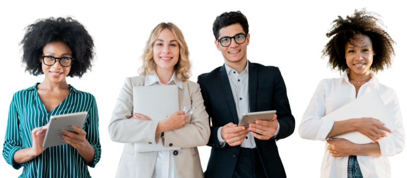 Young people colleagues partners office employees Business successful entrepreneurs and tablets isolated background, png.