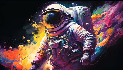 Astronaut floating in the middle of a colorful and vibrant space scene with Generative AI Technology.