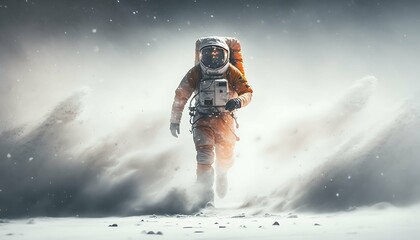 Astronauts dash through a blizzard with full astronaut suit. (Generative AI Technology) - obrazy, fototapety, plakaty