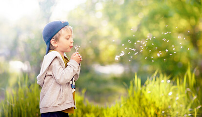 the kid in the cap is blowing off a dandelion in a sunny clearing