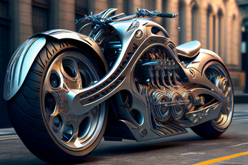 Chrome futuristic motorcycle.  Generative AI.