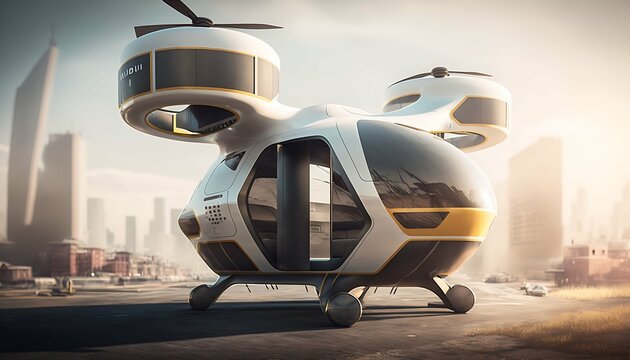 Urban air mobility,Autonomous driverless aerial vehicle flying on city background, Future transportation with Generative AI Technology.