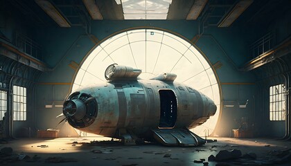 Space station hangar, abandoned spaceship, alien spaceship design style with Generative AI Technology. - obrazy, fototapety, plakaty