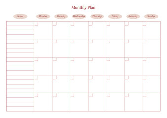 A simple style monthly planner. Note, scheduler, diary, calendar planner document template illustration. - obrazy, fototapety, plakaty