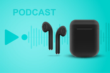 Black wireless earphones on blue background. Online music, radio, listening to podcasts, audio books - concept. EPS10 vector - obrazy, fototapety, plakaty