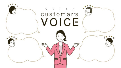 お客様の声のデザイン、笑顔の女性と丸いふきだしのイラスト、ベクター