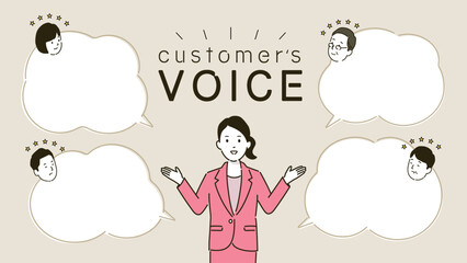 お客様の声のデザイン、笑顔の女性と丸いふきだしのイラスト、ベクター