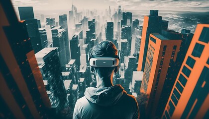 VR headset exploring modern city. The concept of modern technologies and technologies of the future with Generative AI Technology.