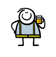 Fat cartoon stickman in traditional german clothes holds a big cup of czech bear.