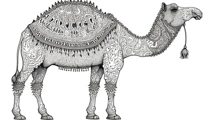 a cute coloring book for children that is still black and white, but waiting for colors and then it will become a wonderful colorful camel