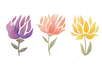 a set of watercolor flowers on a transparent background. Summer and spring watercolours collection of tulips. Greeting card clipart 