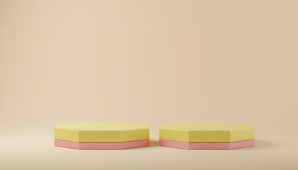 Perspective studio photography stand with an empty product display and yellow background and copy space, banner mock up space for product showcasing, countertop 3d render