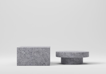 Place yourself on concrete podiums against a white background to show an abstract geometrical pedestal scene. Present cosmetic products in a mock up empty space to create a shopfront display 3d render