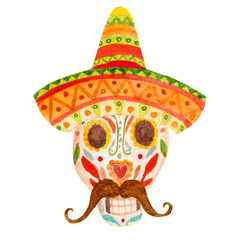 Watercolor skull in sombrero and with mustaches, decorated by ornament, isolated on white background. 