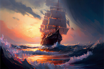 sunset over the sea with old ship
