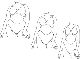 Collection. Silhouette of a figure of a beautiful woman in a modern one-line continuous line style. The girl is thin, slender, and the woman is fat. The lady is standing. Set of vector illustrations.