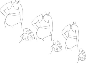 Collection. Silhouette of a figure of a beautiful woman in a modern one-line continuous line style. The girl is thin, slender, and the woman is fat. The lady is standing. Set of vector illustrations.