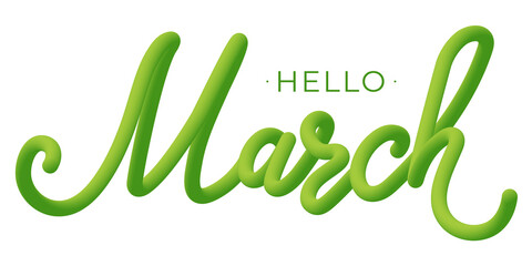 Hello March. Lettering with 3D effect on transparent background. PNG illustration for social media, post, l, merchandise, packaging, fabric, cup, mug, gift, poster, decoration, postcard, bag, textile. © Natali2510