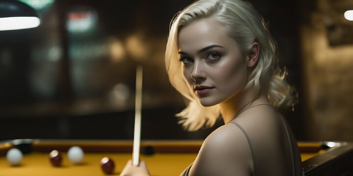 Une magnifique jeune femme dans une salle de billard regarde la cam&eacute;ra - illustration ia