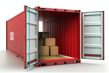 Contenedor abierto con carga de cajas en fondo blanco, con textura metálica industrial de color rojo, conteiner rojo metálico para transporte en camión, barco o avión. Generative ai.