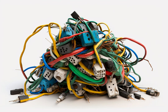 Cables enrollados, residuos de cables, pl&aacute;stico y enchufes, basura tecnol&oacute;gica, chip industrial cableado antiguo, generative ai.