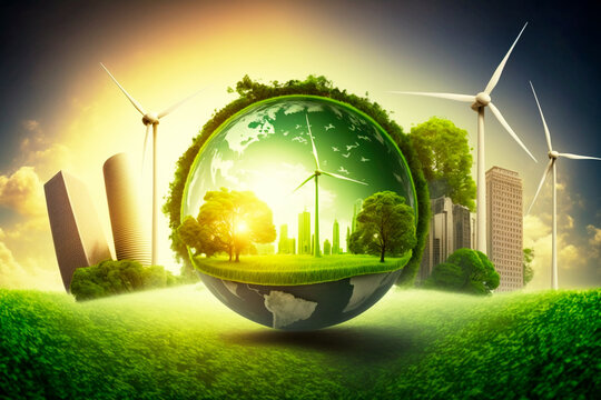 Ilustraci&oacute;n de ciudad ecol&oacute;gica y energ&iacute;as renovables,  aerogeneradores y edificios ajardinados, concepto de ecolog&iacute;a y cuidado del planeta Tierra, generative ai.