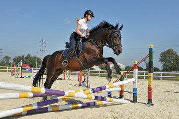 Young girl on her bay horse jumps over a barrier on training.