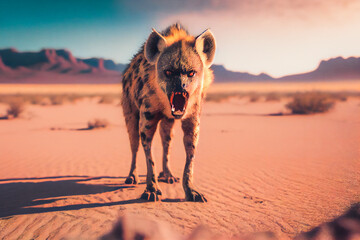 Furious Wild Hyenas in Desert. Generative AI - obrazy, fototapety, plakaty