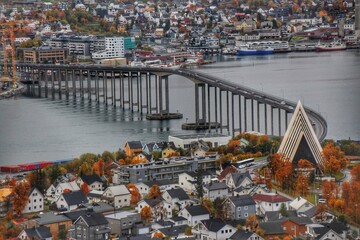 View of the city of Tromso, in Norway from the observation deck Sherpa trappa