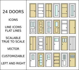 24 doors, left and right, white lacquered, wood, with glass, scalable, customizable, vector, true to scale