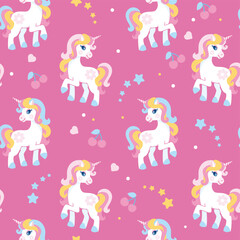 Colorful seamless pattern with cute unicorn, star, heart and cherry on pink background. Endless texture for fabric, baby clothes, background, textile, wallpaper, decoration. Vector illustration.