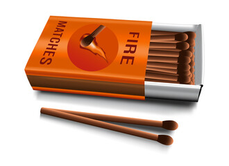 Realistic vintage matches and matchbox. 3D view isolated on white background