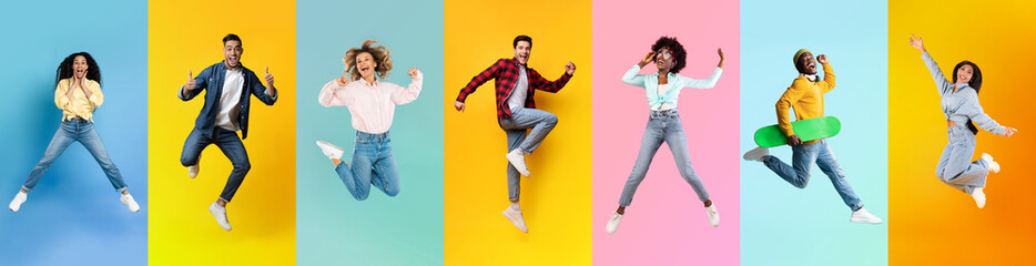 Diverse Positive Excited Young People Jumping On Colorful Backgrounds, Collage